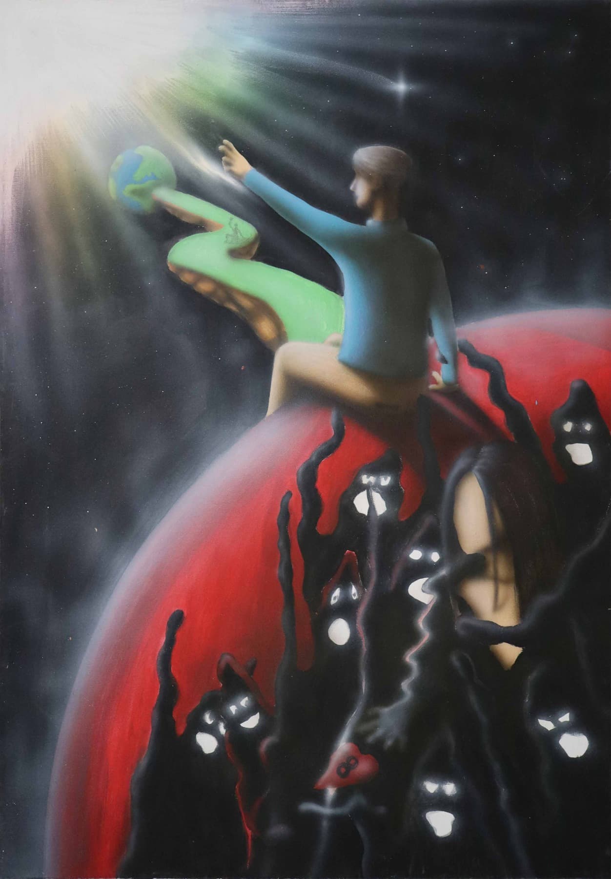 Figura che tende una mano verso la luce, tra un mondo rosso e un sentiero verde.