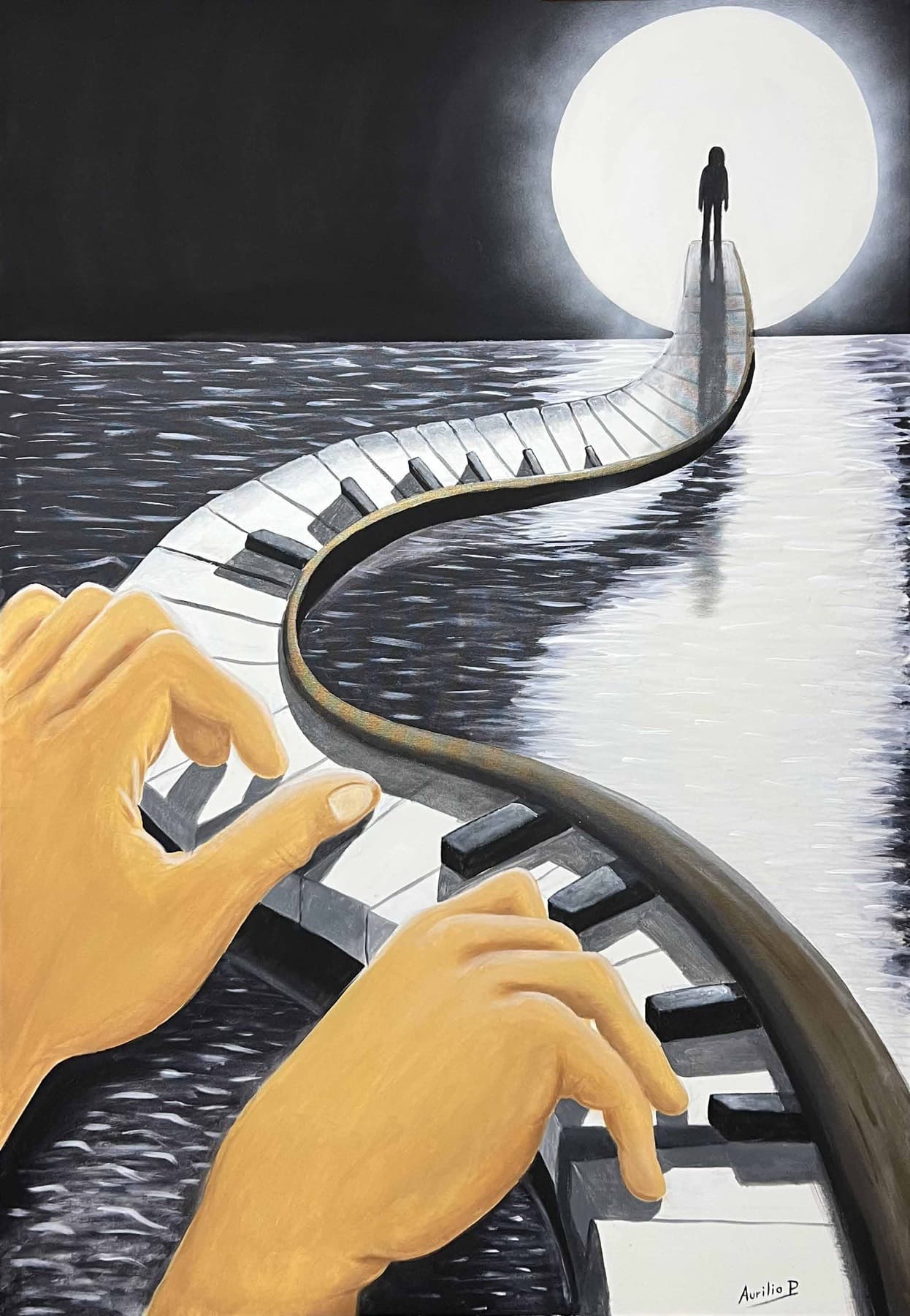 Il ponte spirituale. Mani su una tastiera di pianoforte che diventa un ponte sul mare verso una luna luminosa.