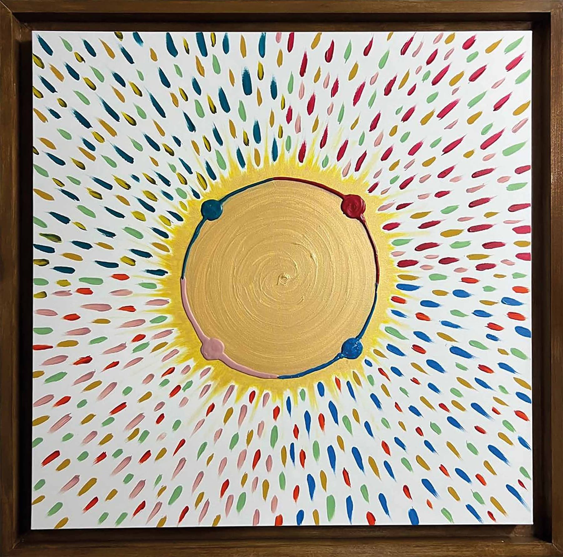 Cerchio dorato con quattro punti uniti, circondato da pennellate multicolori su fondo bianco.