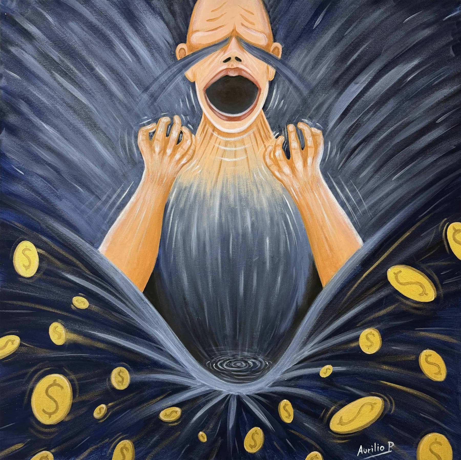 Figura urlante immersa in un vortice scuro circondato da monete dorate.